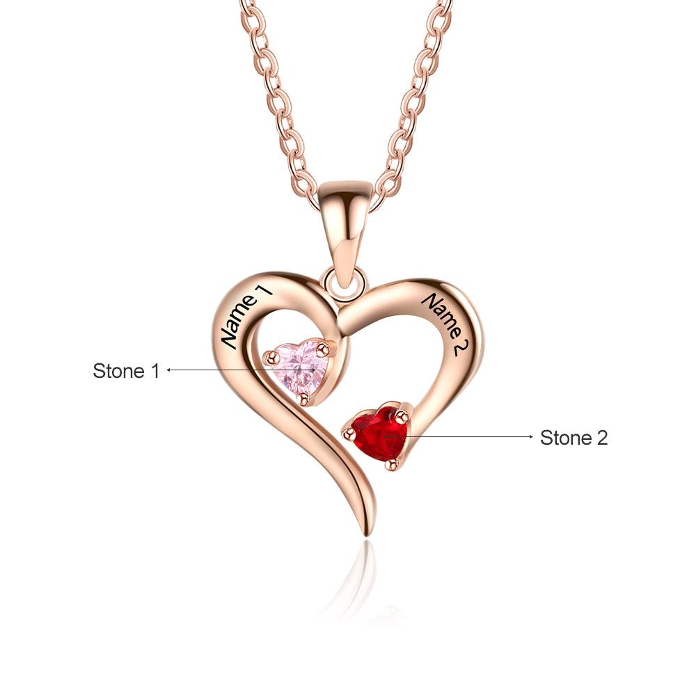 Rose Gold 925 Sterling Silver Necklace - Heart Shaped With Two Birthstone and Two Name Engraving For Mother's Day - Personalized Jewel