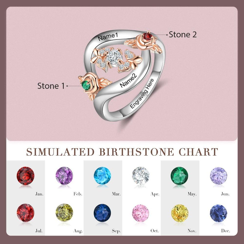 Roses Personalized Silver Rose Ring - 2 Custom Birthstones 2 Custom Names 2 Custom Engravings - Personalized Jewel
