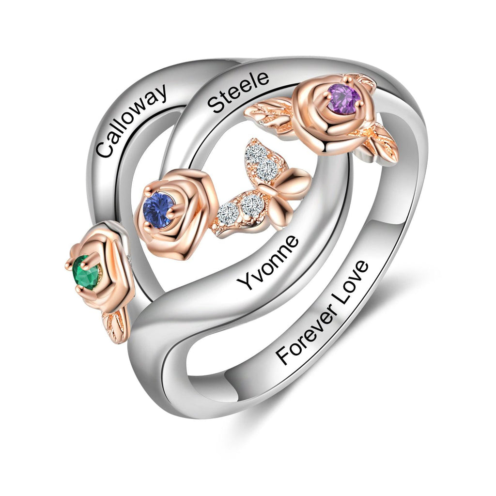 Roses Personalized Silver Rose Ring - 3 Custom Birthstones 3 Custom Names 3 Custom Engravings - Personalized Jewel