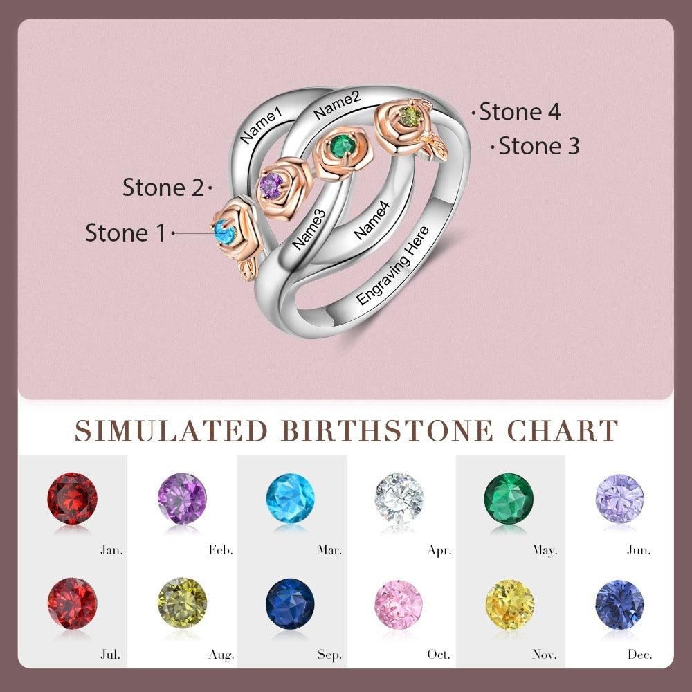 Roses Personalized Silver Rose Ring - 4 Custom Birthstones 4 Custom Names 4 Custom Engravings - Personalized Jewel