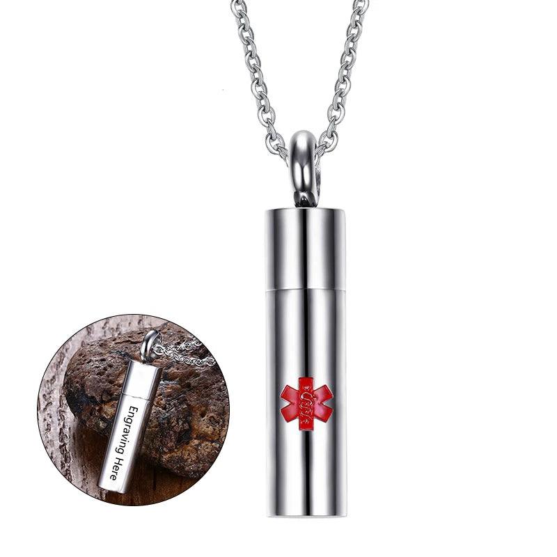 Rotate to Open Cylinder Stainless Steel Pendant Necklace with Medical Alert ID & Engrave Name Option, Unisex Jewelry Gift - Personalized Jewel