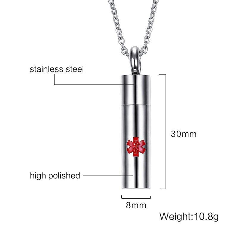 Rotate to Open Cylinder Stainless Steel Pendant Necklace with Medical Alert ID & Engrave Name Option, Unisex Jewelry Gift - Personalized Jewel