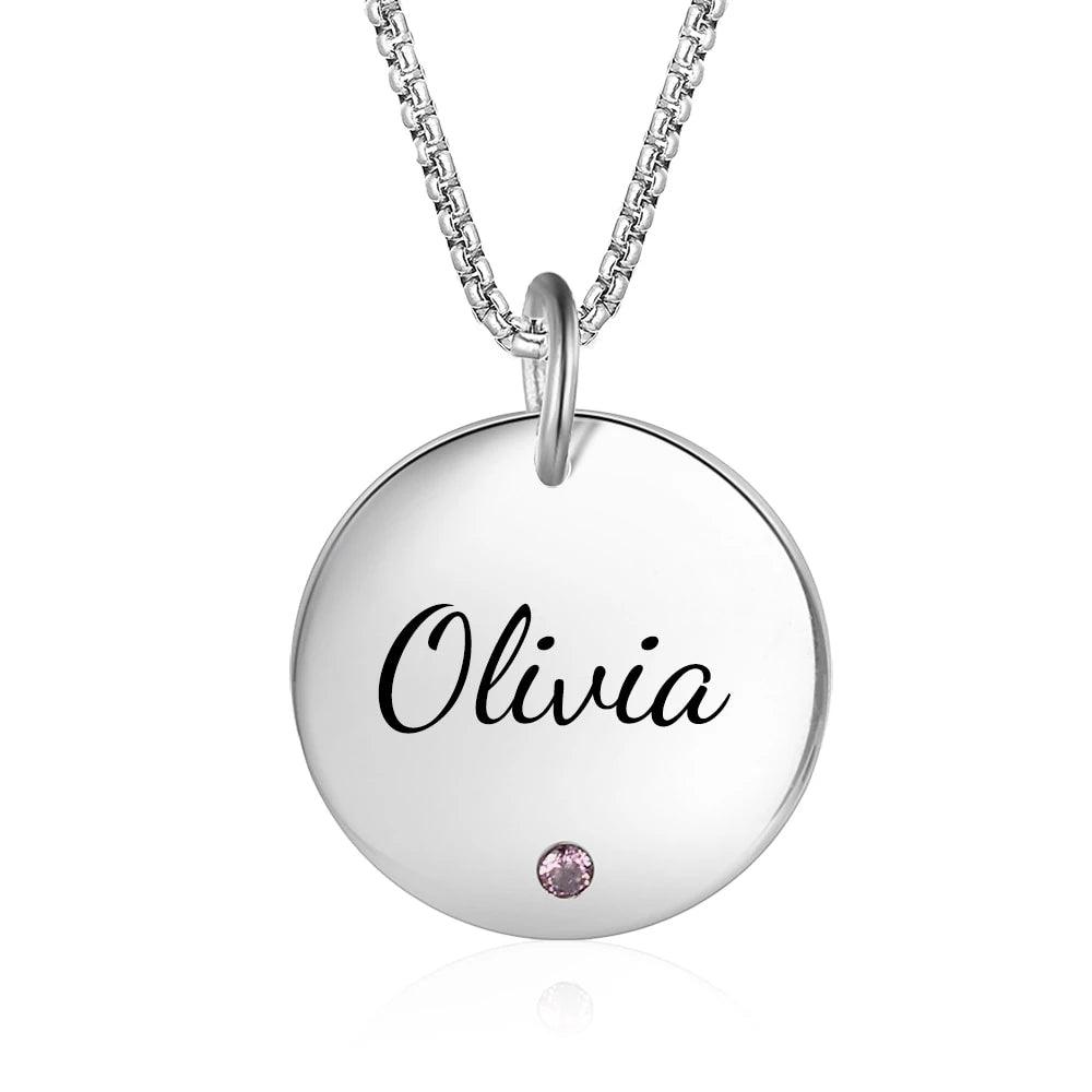 Round Stainless Steel Personalized Necklace for Women with Birthstone & Custom Name Pendant - Personalized Jewel