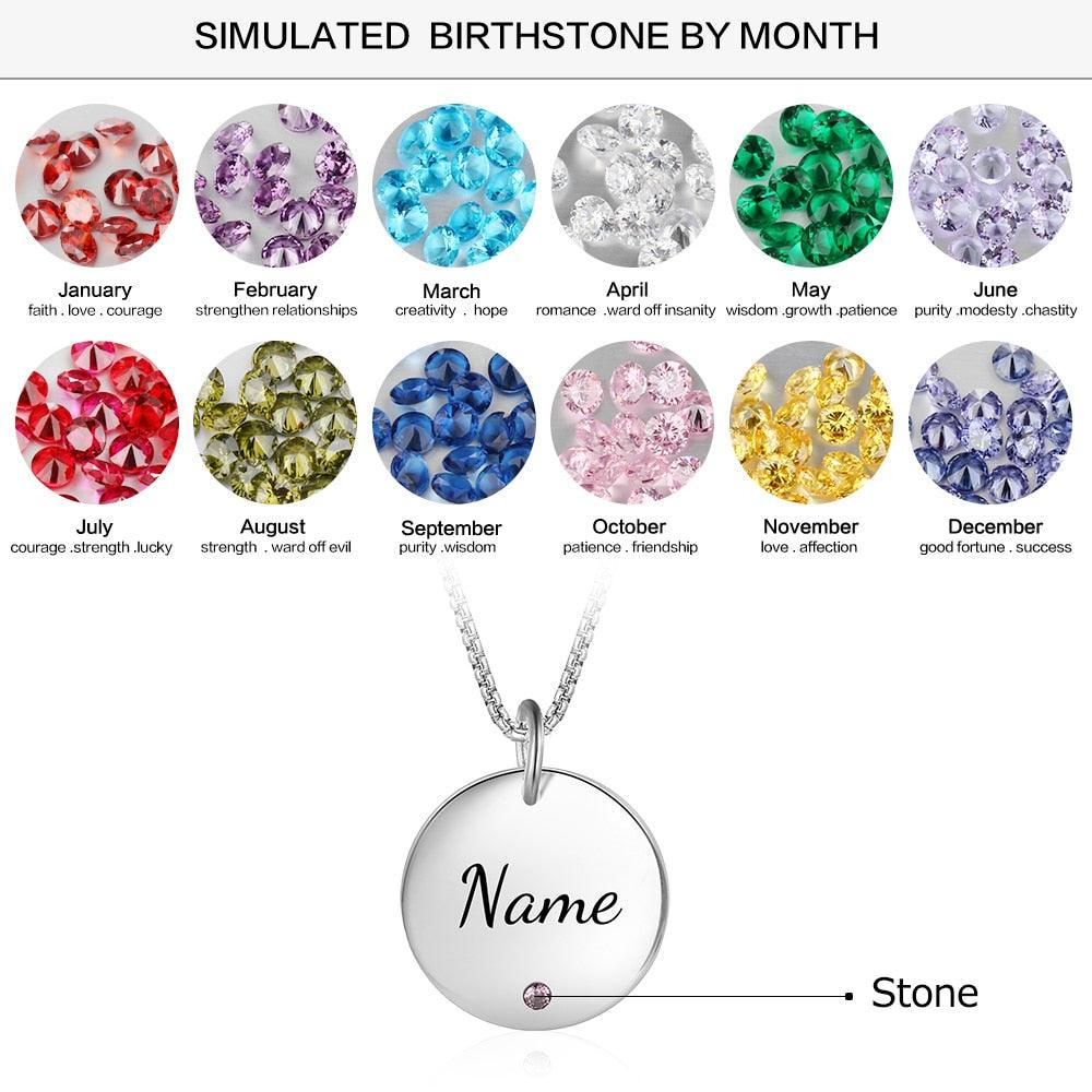 Round Stainless Steel Personalized Necklace for Women with Birthstone & Custom Name Pendant - Personalized Jewel