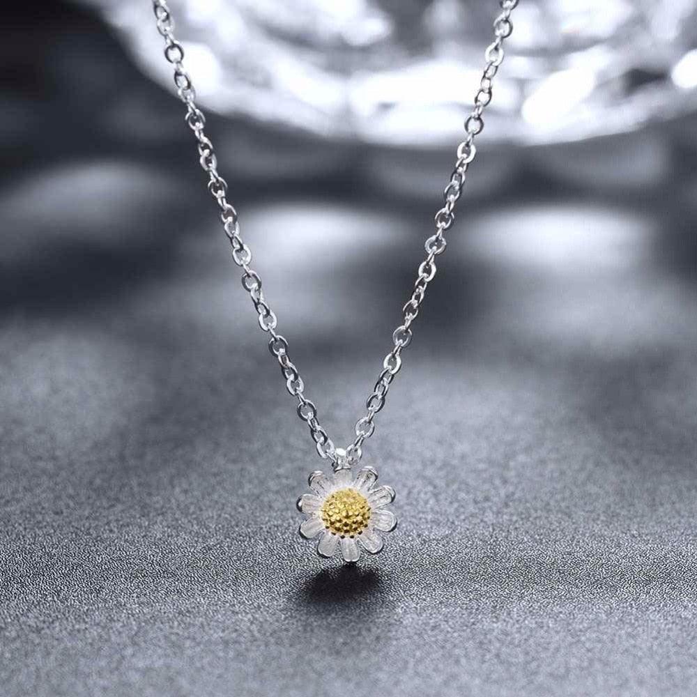 Solid 925 Sterling Silver Necklace For Women With Gold Color Sunflower Pendant - Personalized Jewel