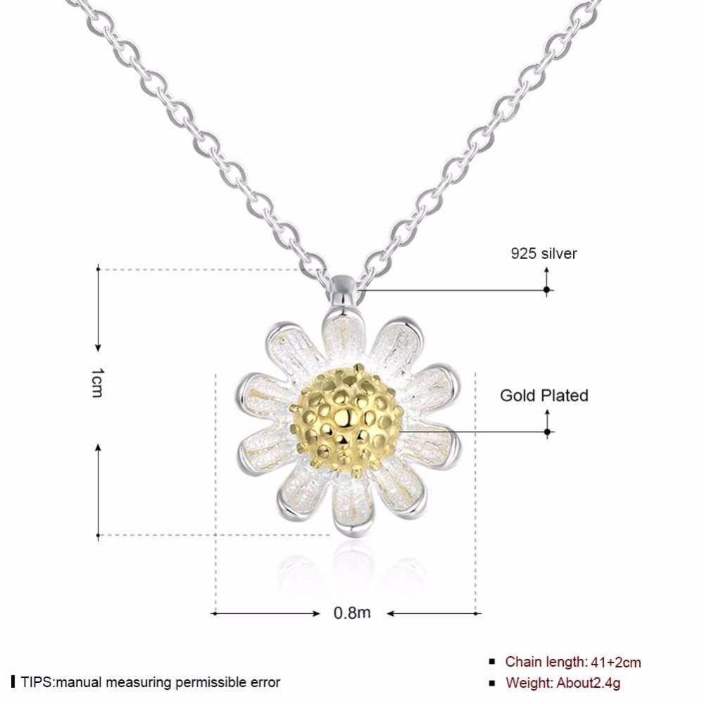 Solid 925 Sterling Silver Necklace For Women With Gold Color Sunflower Pendant - Personalized Jewel