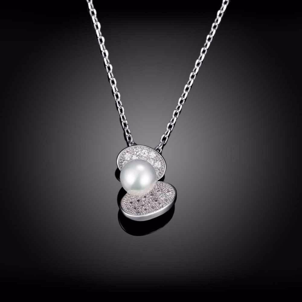 Solid Women’s 925 Sterling Silver Necklace With Simulated Pearl Shell Design Pendant, Trendy Fashion Jewelry For Women - Personalized Jewel