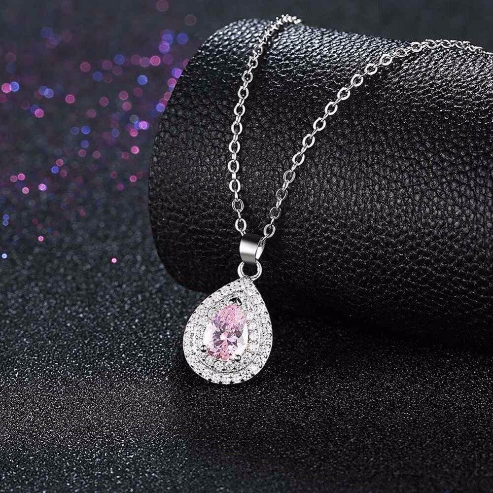Solid Women’s 925 Sterling Silver Necklace With Water Drop Pink Stone Pendant, Trendy Wedding Jewelry For Ladies - Personalized Jewel