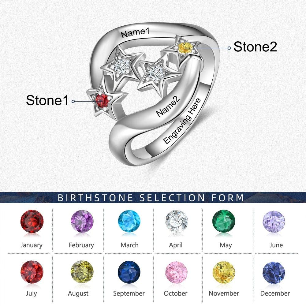 Star Personalized Silver Ring - 2 Custom Birthstones 2 Custom Names 1 Custom Engraving - Personalized Jewel