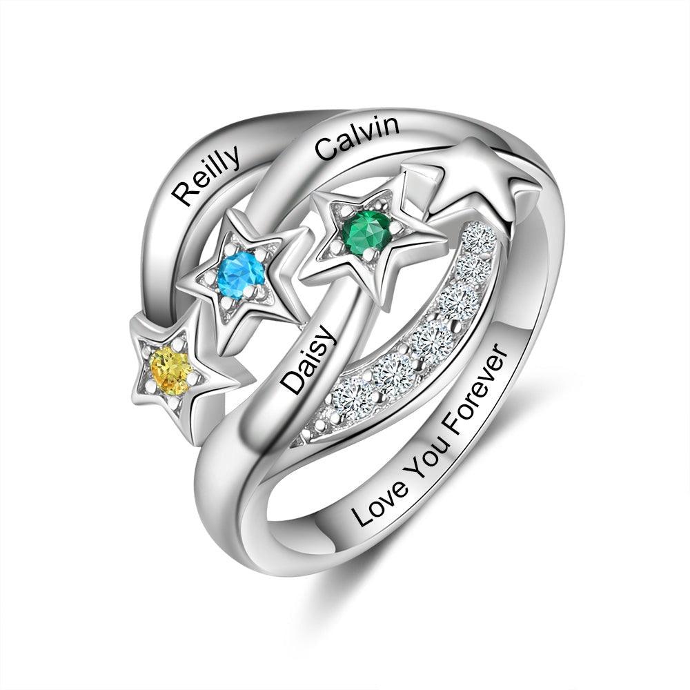 Star Personalized Silver Ring - 3 Custom Birthstones 3 Custom Names 1 Custom Engraving - Personalized Jewel