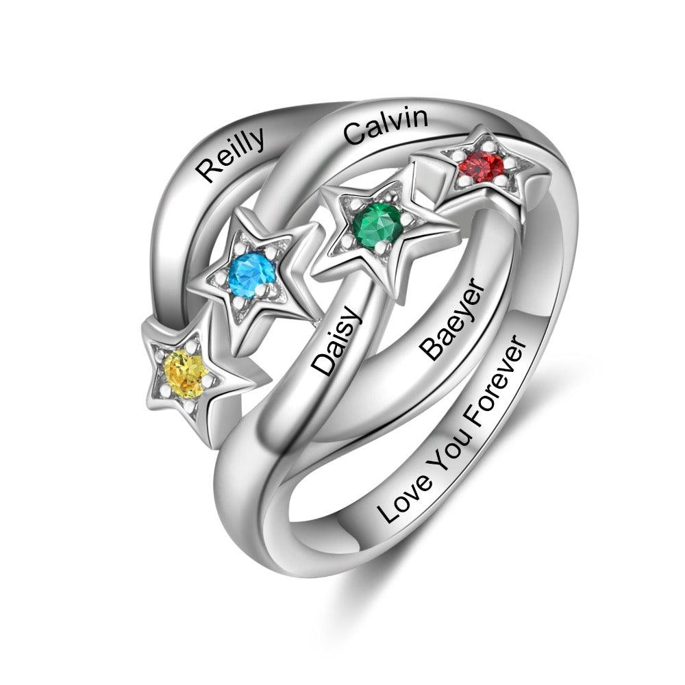 Star Personalized Silver Ring - 4 Custom Birthstones 4 Custom Names 1 Custom Engraving - Personalized Jewel