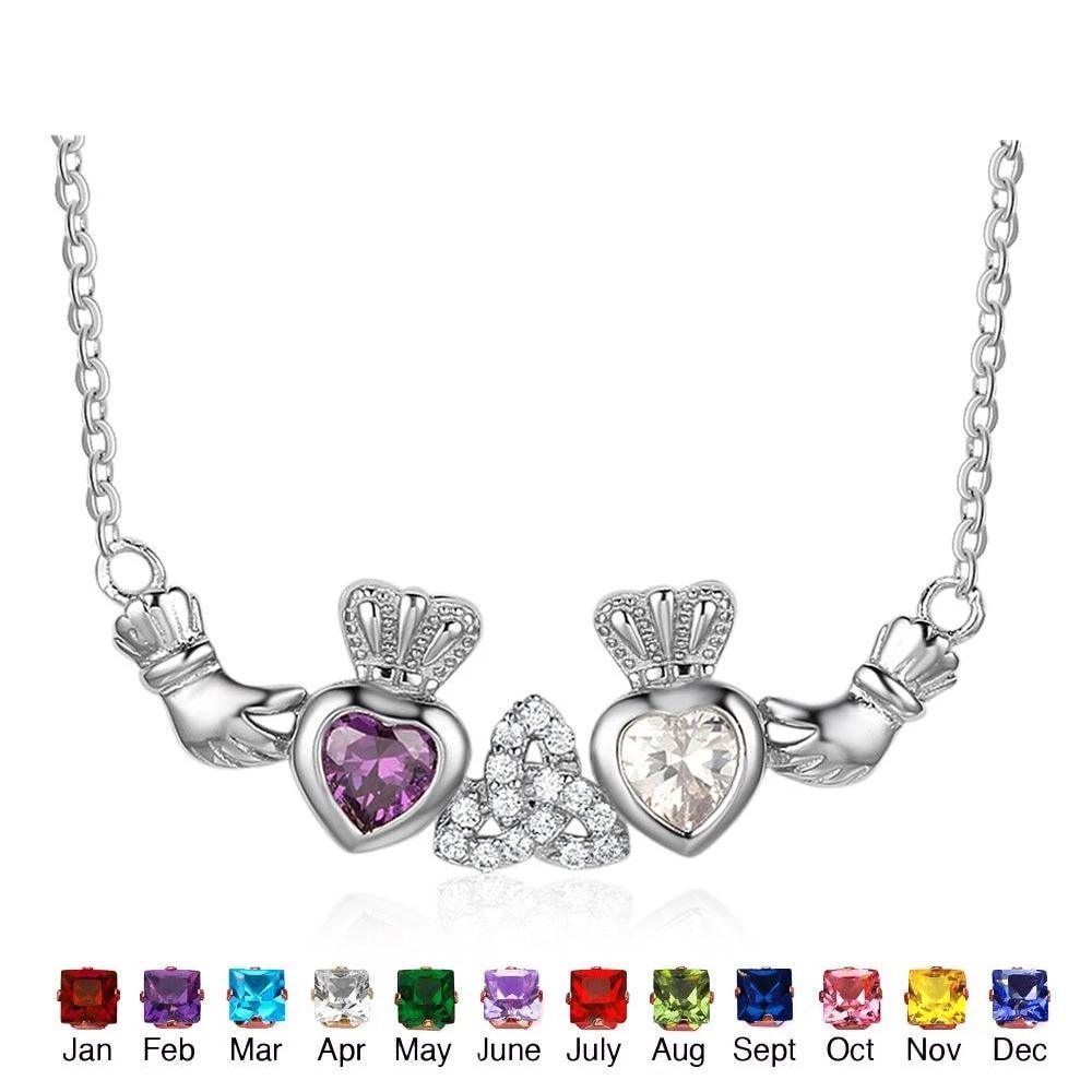 Sterling Silver Claddagh Necklace&Pendants 2 Heart Crown Customized Stones Necklace Irish Friendship Gift - Personalized Jewel