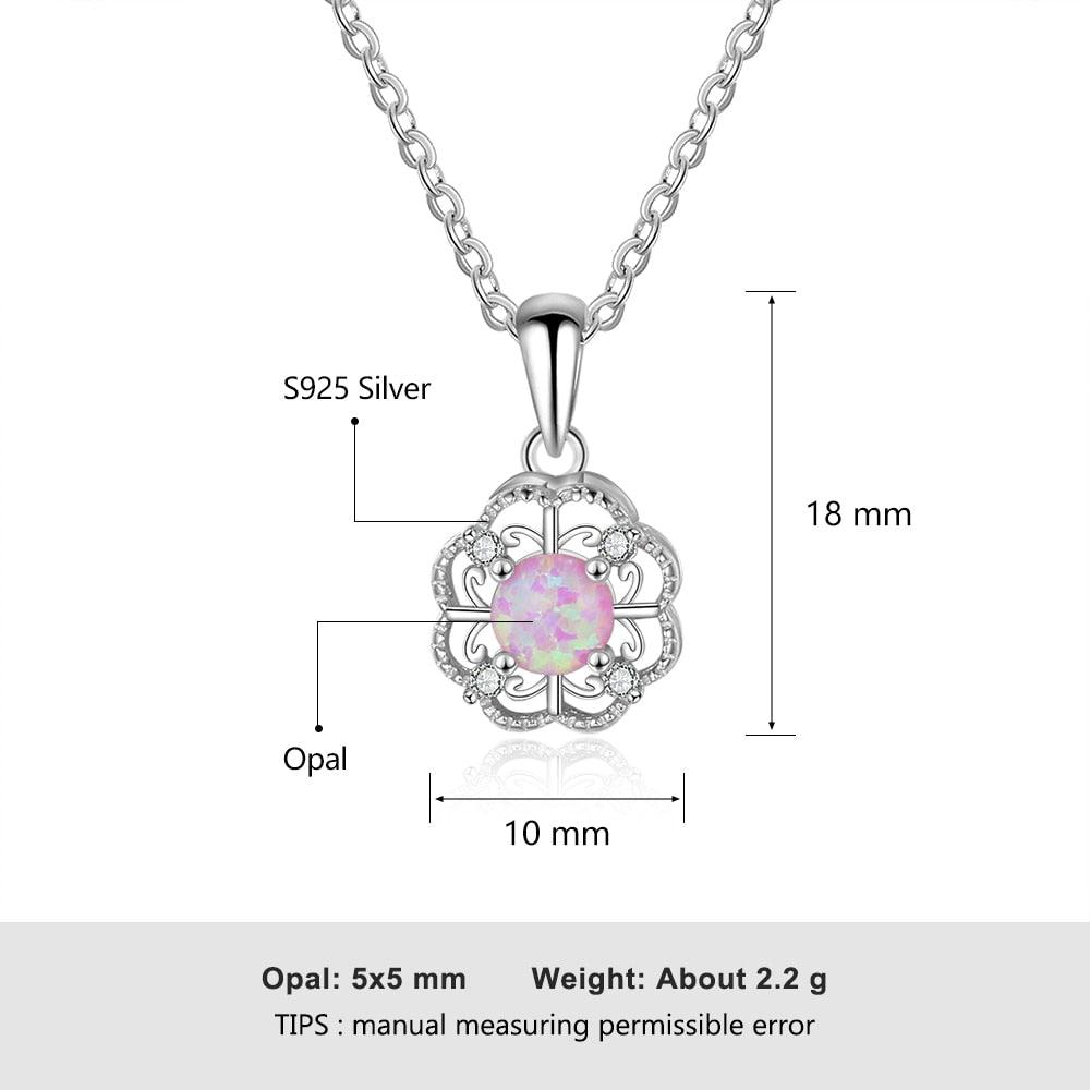 Sterling Silver Hollow Out Flower Pink Opal Pendant Necklace, Jewelry Gift for Women - Personalized Jewel