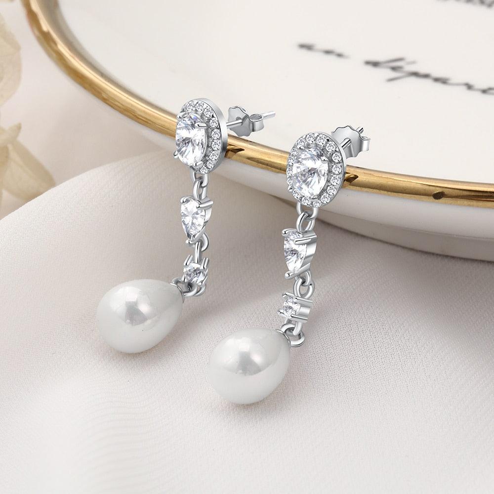 Sterling Silver Jewelry for Women - Cubic Zirconia Stud Pearl Drop Earrings - Silver Jewelry for Women - Pearl Drop Design Jewelry for Women - Personalized Jewel