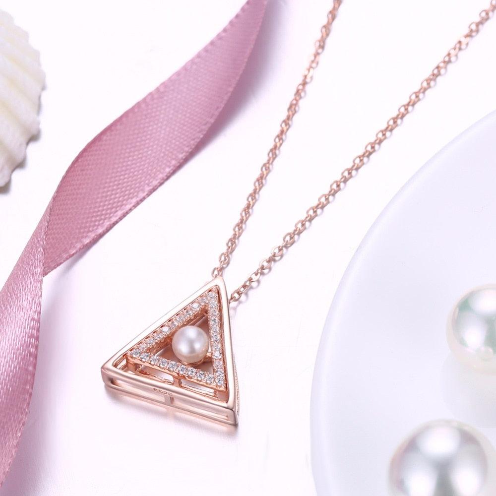 Sterling Silver Rose Gold Color Necklace with Triangle Design Simulated Pearl Pendant for Women - Personalized Jewel
