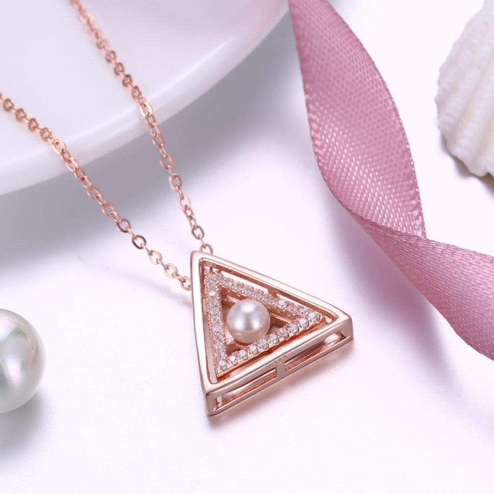 Sterling Silver Rose Gold Color Necklace with Triangle Design Simulated Pearl Pendant for Women - Personalized Jewel