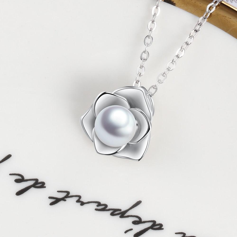 Sterling Silver Rose Shape Pearl Pendant Necklace, Fashion Jewelry Gift for Women - Personalized Jewel