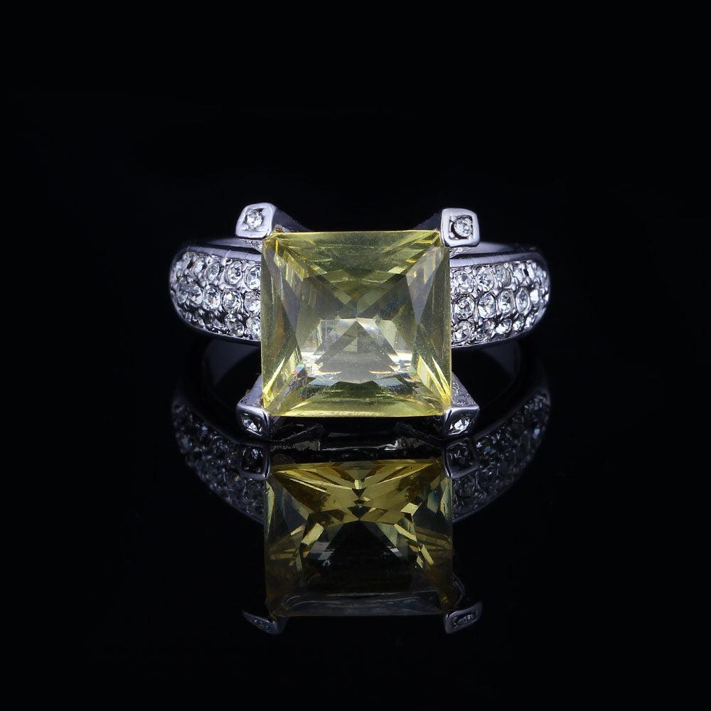 Sterling Silver Square Yellow CZ Alloy with Rhodium Plated Ring for Women - Personalized Jewel