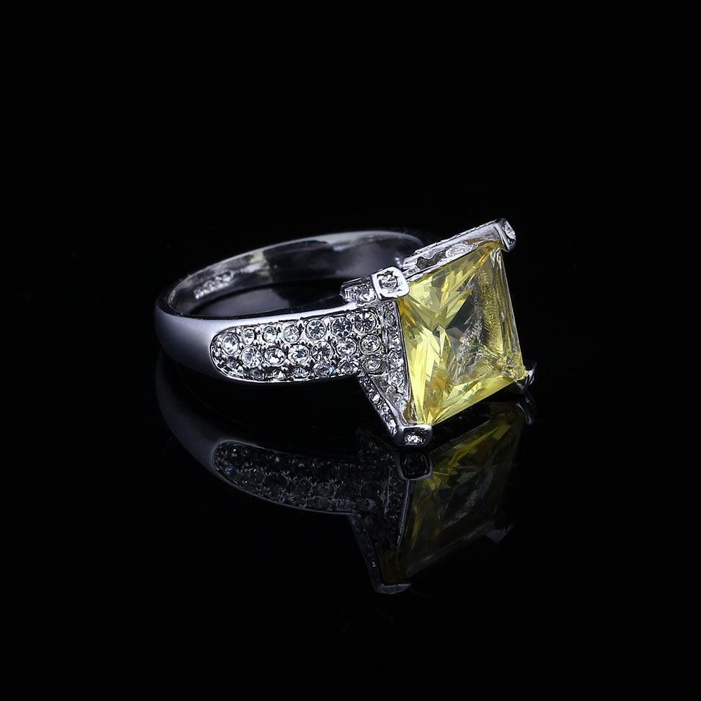 Sterling Silver Square Yellow CZ Alloy with Rhodium Plated Ring for Women - Personalized Jewel