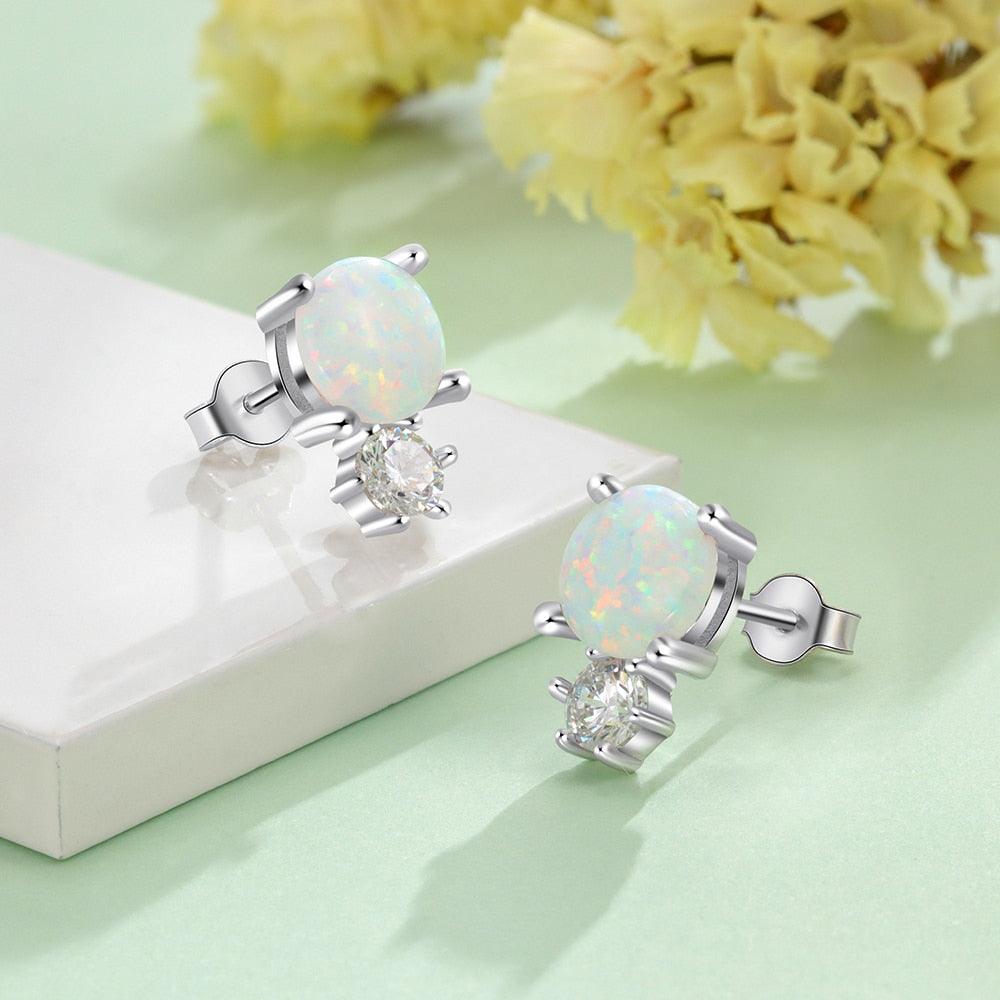 Sterling Silver White Opal Stud Earring Round Opal Stud Earring - Personalized Jewel