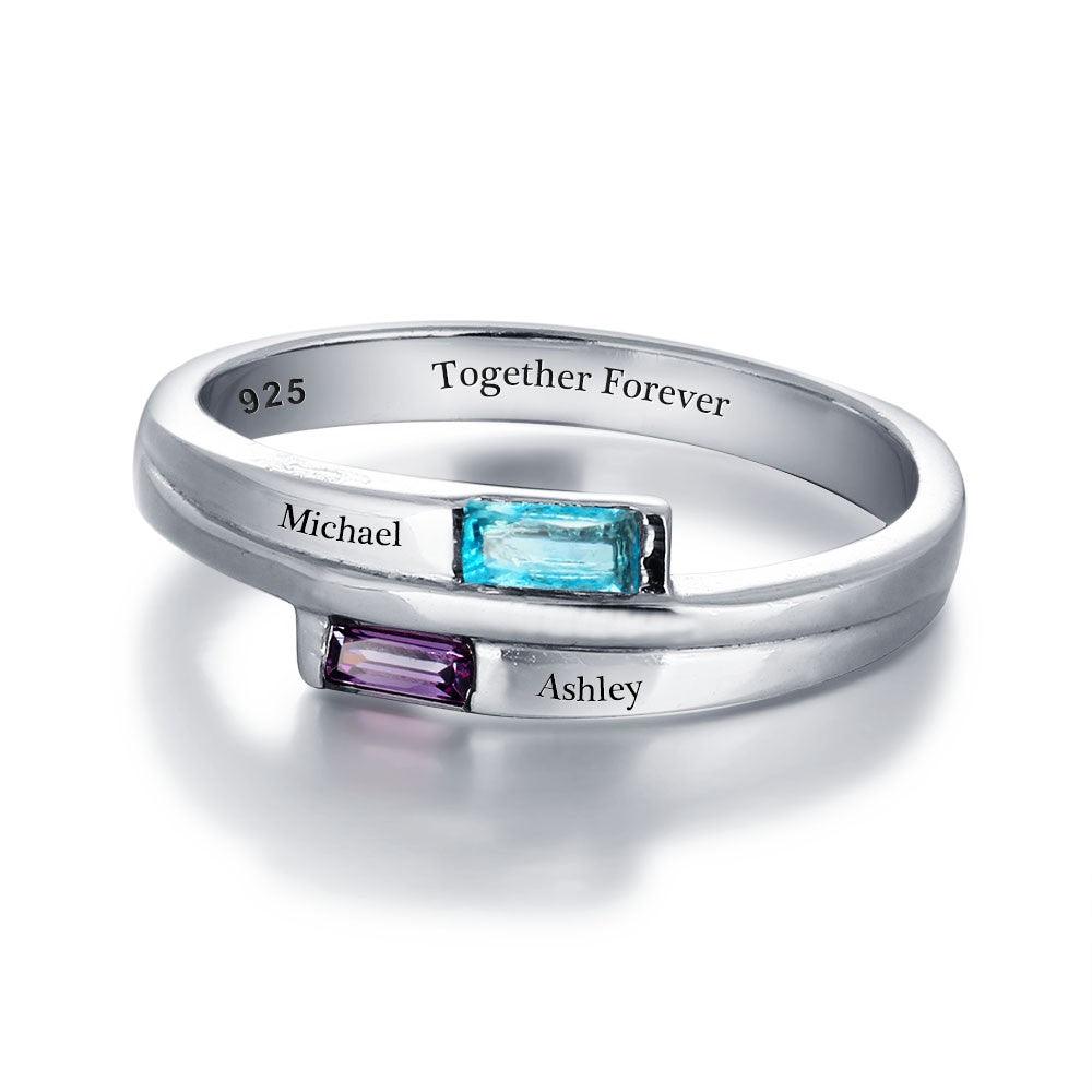 Stylish 925 Sterling Silver Rings- Engagement Custom Band Name & Birthstone Engraved - Personalized Jewel