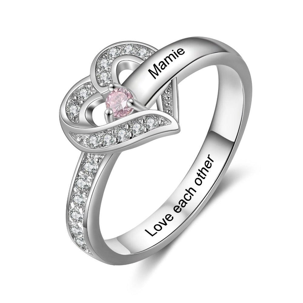 The Heart Personalized Silver Ring - 1 Custom Birthstone 1 Custome Name 1 Custom Engraving - Personalized Jewel