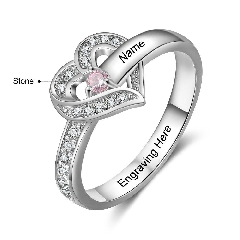 The Heart Personalized Silver Ring - 1 Custom Birthstone 1 Custome Name 1 Custom Engraving - Personalized Jewel