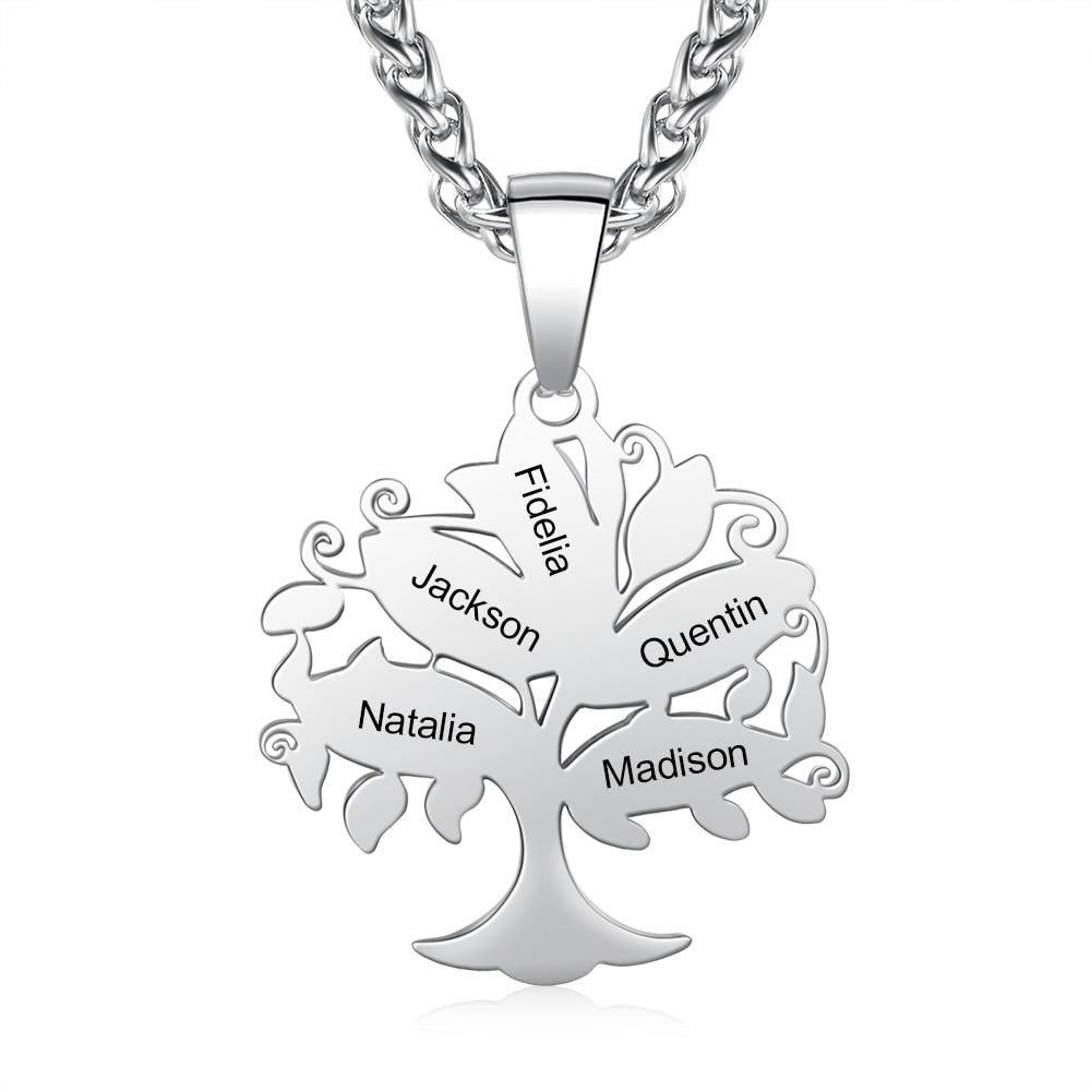 Tree of Life Pendant Necklace for Women, Personalized 5 Name Engravings Stainless Steel Pendant - Personalized Jewel