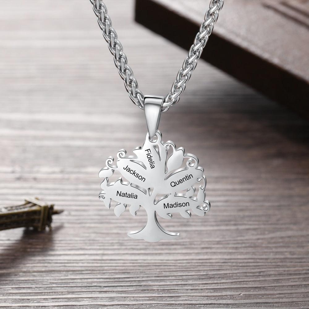 Tree of Life Pendant Necklace for Women, Personalized 5 Name Engravings Stainless Steel Pendant - Personalized Jewel