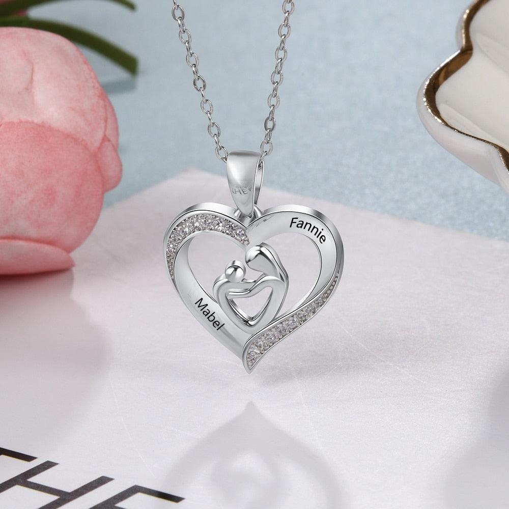 Trendy 925 Sterling Silver Mother Baby Heart Pendant, Custom 2 Name Engravings in the Stone Stubbed Pendant - Personalized Jewel