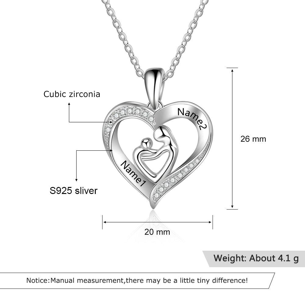 Trendy 925 Sterling Silver Mother Baby Heart Pendant, Custom 2 Name Engravings in the Stone Stubbed Pendant - Personalized Jewel