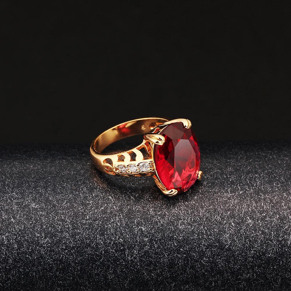 Trendy Copper Gold Color Party Rings for Women with 16mm Broadside Oval Red Stone - Personalized Jewel