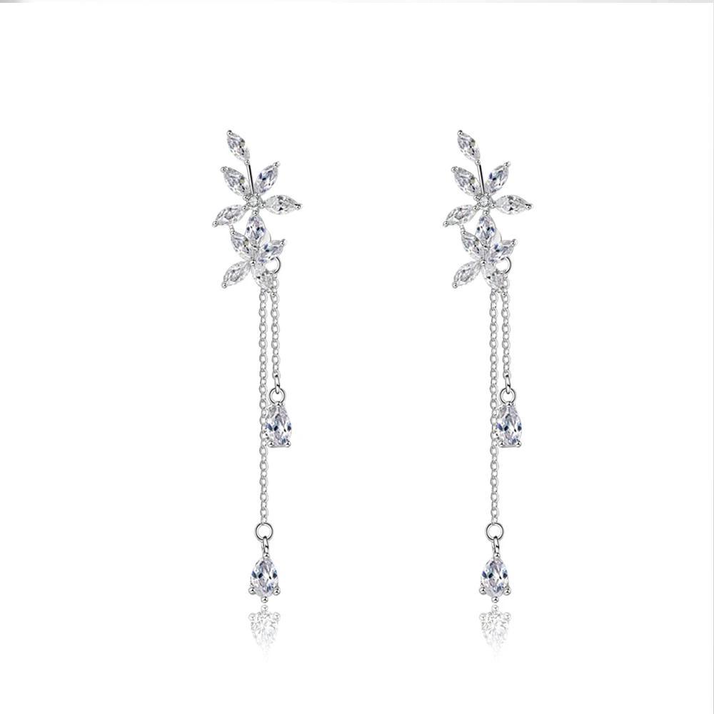 Trendy Flower Pattern with Long Tassels Drop Earrings for Women, Rhodium Plated Silver, Fashion Jewelry Gift - Personalized Jewel