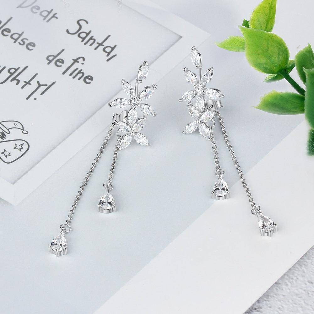 Trendy Flower Pattern with Long Tassels Drop Earrings for Women, Rhodium Plated Silver, Fashion Jewelry Gift - Personalized Jewel