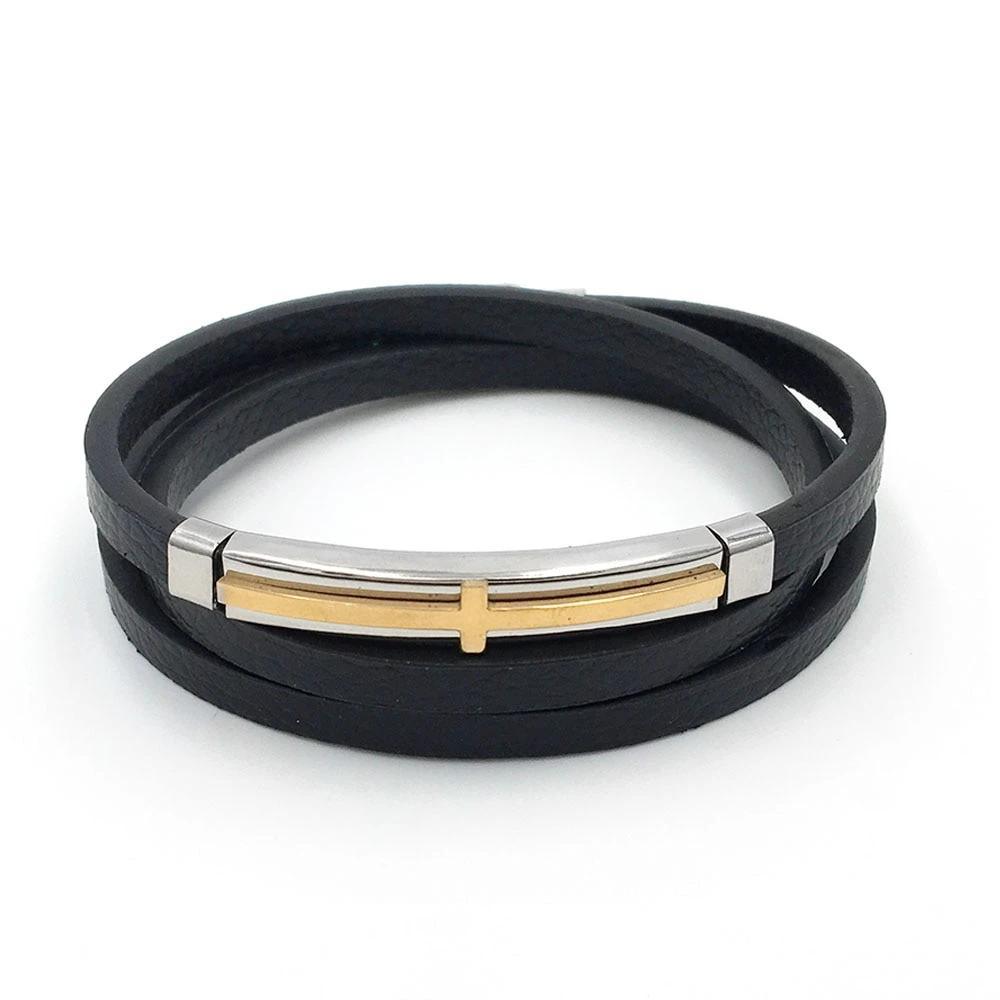 Trendy Genuine Leather Stainless Steel Cross Bracelets for Men, Double Layer Wristband, Jewelry Gift - Personalized Jewel