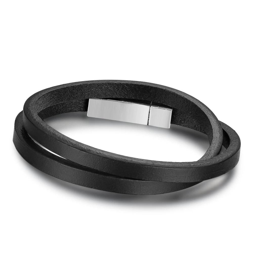 Trendy Stainless Steel & Genuine Leather Men’s Bracelets, Black Wrap Wristband Accessory for Men - Personalized Jewel