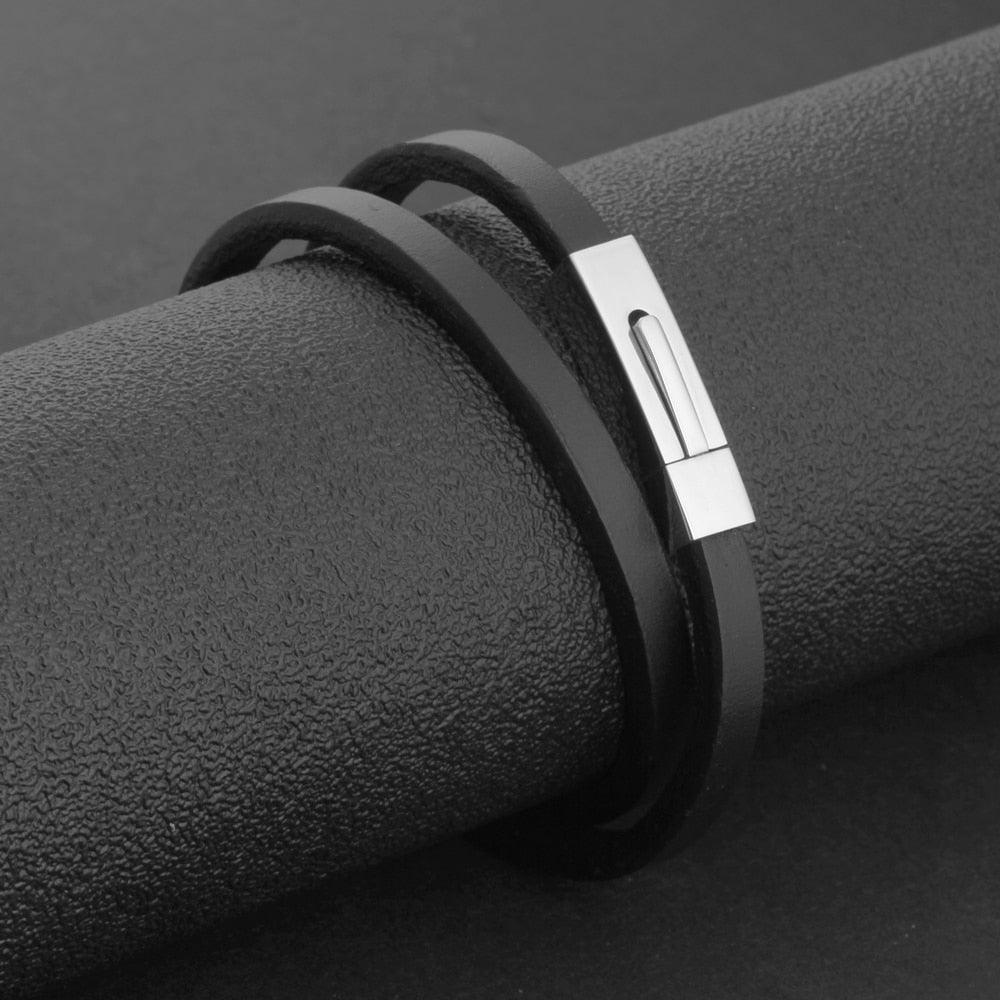 Trendy Stainless Steel & Genuine Leather Men’s Bracelets, Black Wrap Wristband Accessory for Men - Personalized Jewel
