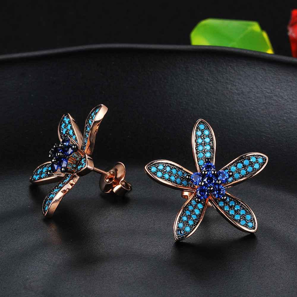 Unique 925 Silver Lilac Flower Stud Earrings with Blue Cubic Zirconia Stones, Fashion Jewelry Ear Stud, Best Gift Option for Women - Personalized Jewel
