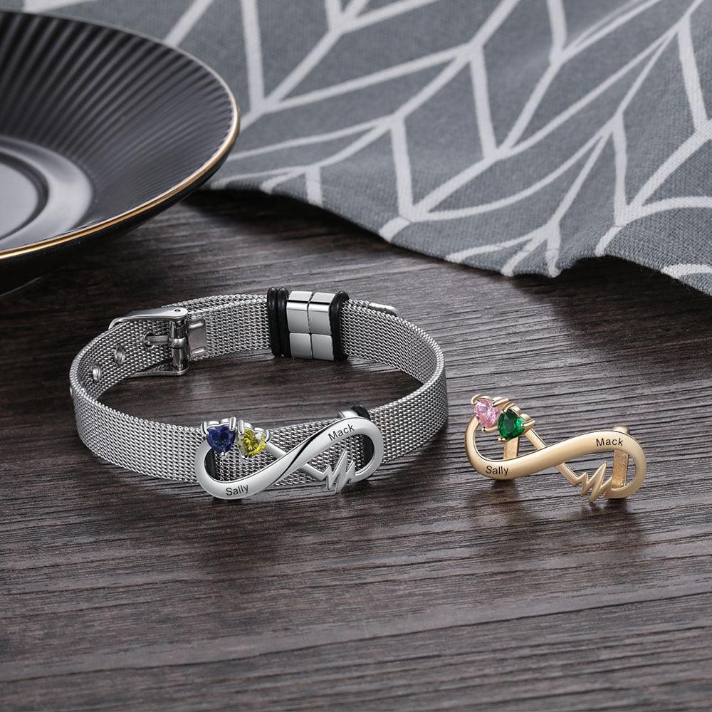 Unique Wristband Bracelet for Men and Women- Birthstone Infinity Metallic Bracelet- 2-Name Engraving Wristband Bracelet- Adjustable Metallic Bracelet Birthstone Infinity Bracelet for Men and Women - Personalized Jewel