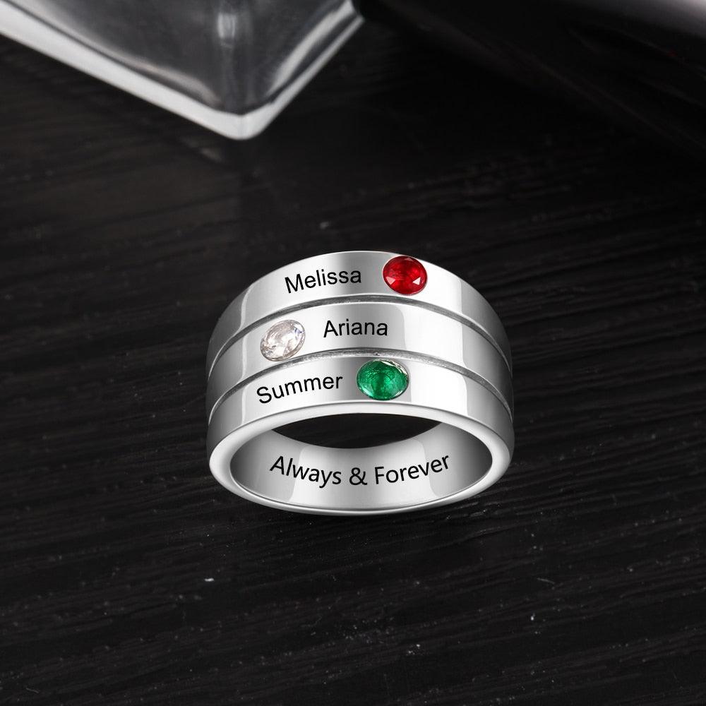 Unisex Personalized Stackable Ring, Engrave Three Custom Name & Birthstones, Best for BFF, Family & Siblings - Personalized Jewel