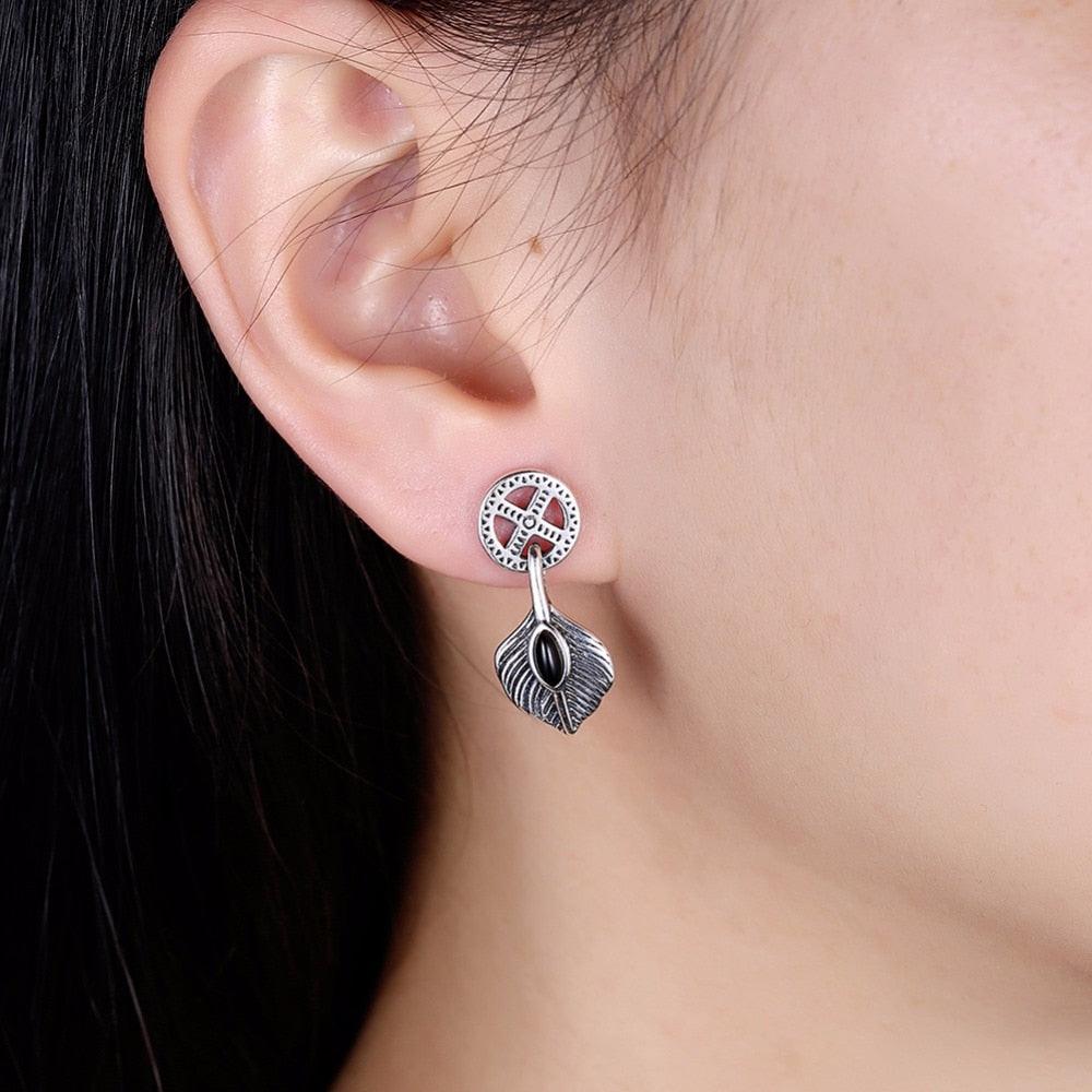 Vintage Leaves Shape Stud Earring - 925 Sterling Silver Stud Earrings For Women - Push-back closure - Fashion Party Jewelry - Black Gun Color - Personalized Jewel