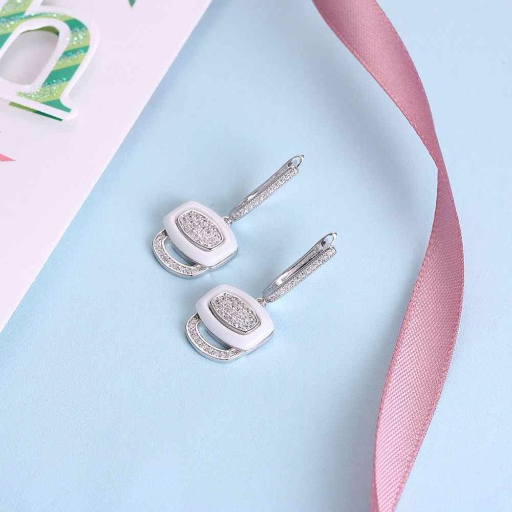 White Ceramic 925 Sterling Silver Crystals Drop Dangle Earrings Female Fine Jewelry Wedding Accessories Gift - Fashion Wedding Jewelry For Women - Personalized Jewel