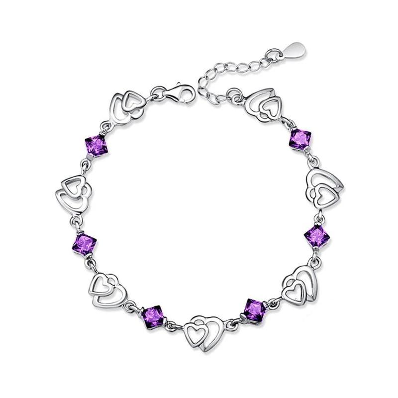 Women 925 Sterling Silver Heart to Heart Bracelets with Purple Rhombus Stone, Party Jewelry Gift for Women - Personalized Jewel