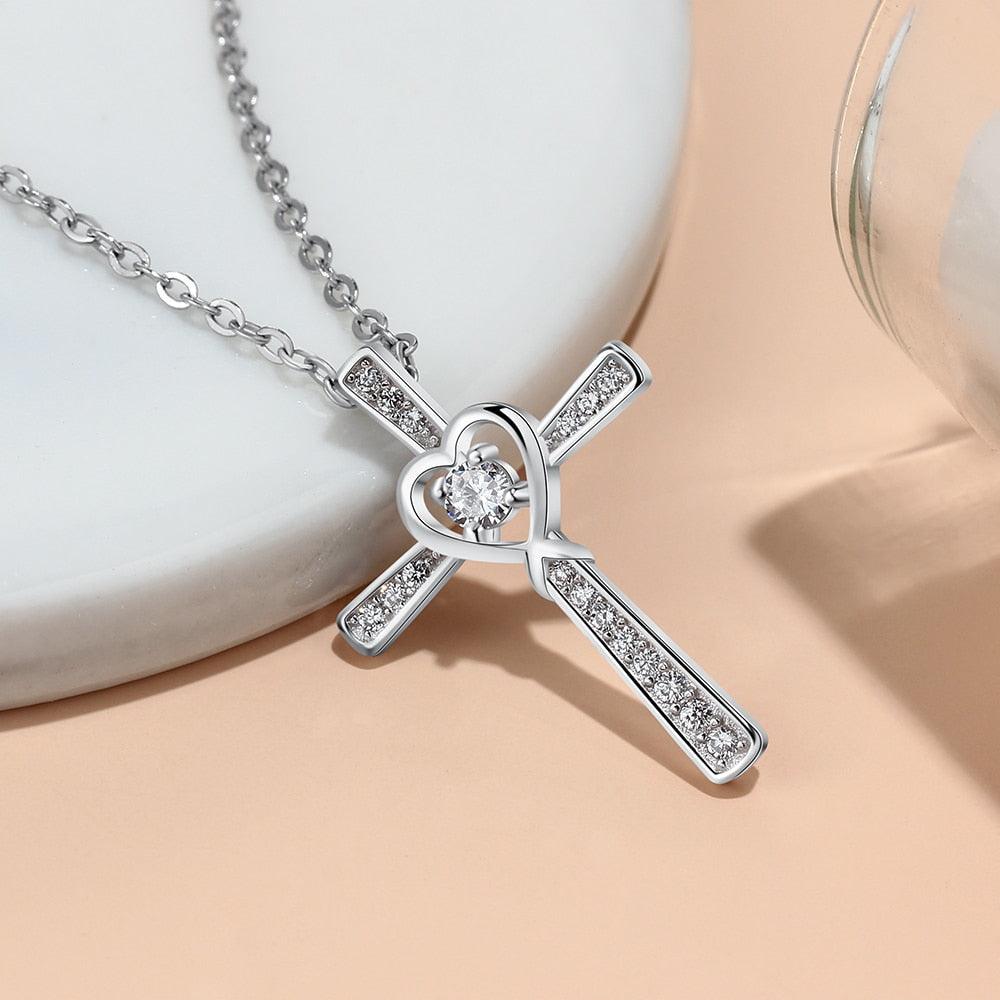 Women 925 Sterling Silver Necklace With CZ Stone Cross & Heart Pendant, Wedding Jewelry Necklace - Personalized Jewel