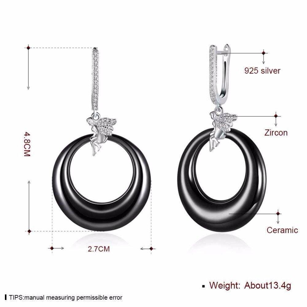 Women’s 925 Sterling Silver Drop Earrings with Angel Black Round Ceramic Dangler, Trendy Jewelry for Females - Personalized Jewel