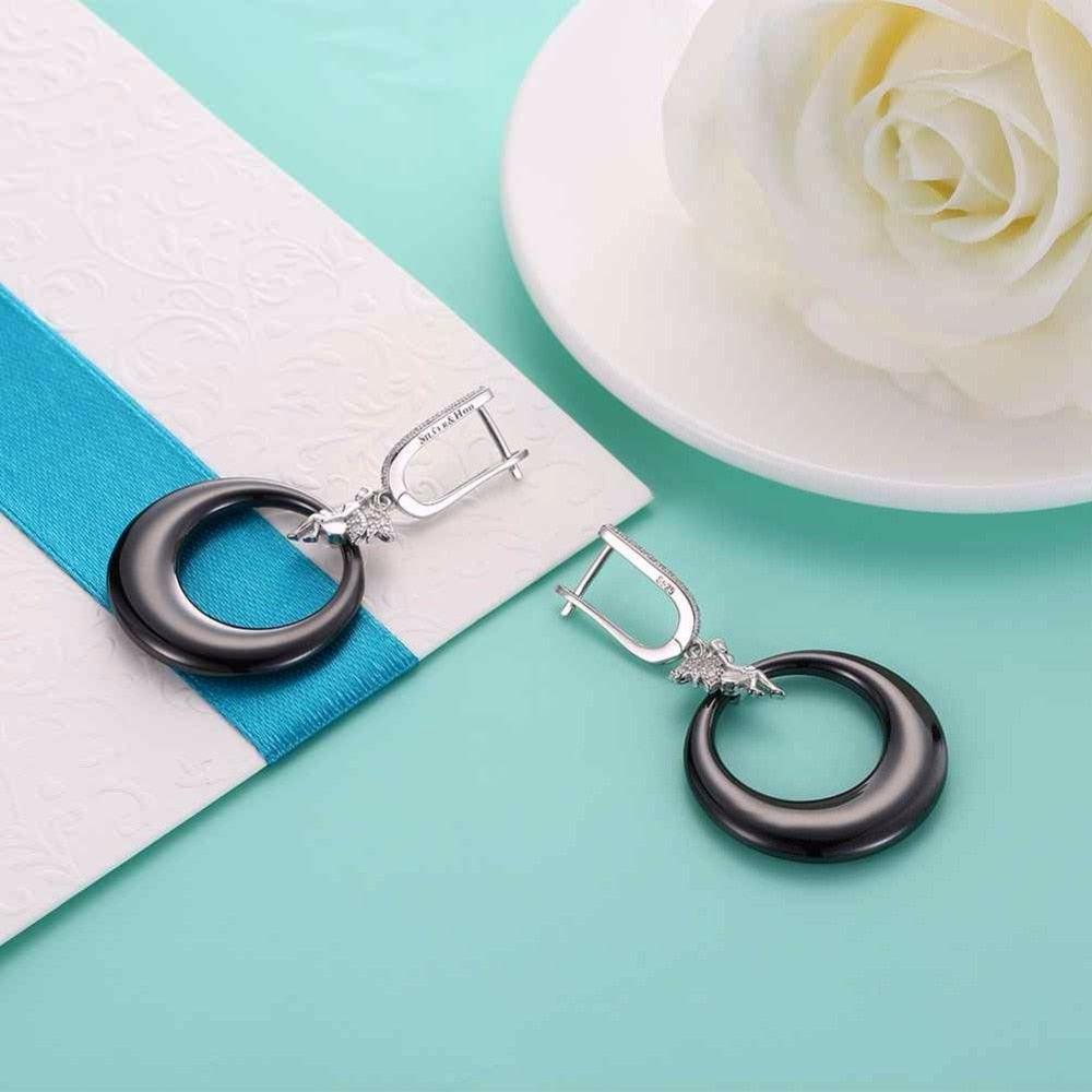 Women’s 925 Sterling Silver Drop Earrings with Angel Black Round Ceramic Dangler, Trendy Jewelry for Females - Personalized Jewel