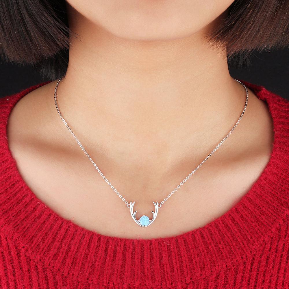 Women’s 925 Sterling Silver Necklace & Deer Head Design Pendant with Blue Opal, Trendy Party Jewelry - Personalized Jewel