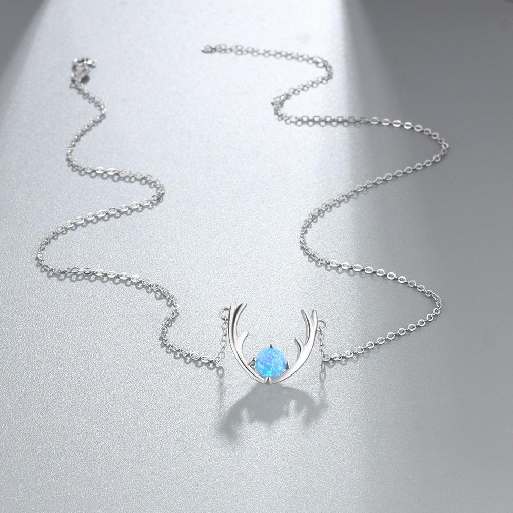 Women’s 925 Sterling Silver Necklace & Deer Head Design Pendant with Blue Opal, Trendy Party Jewelry - Personalized Jewel