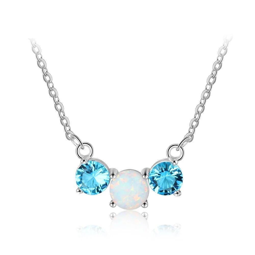 Women’s 925 Sterling Silver Party Jewelry Necklace with Three Circles Opal Stone & Blue CZ Pendant - Personalized Jewel