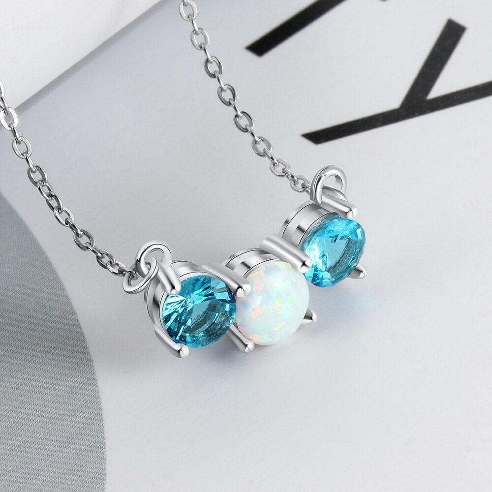Women’s 925 Sterling Silver Party Jewelry Necklace with Three Circles Opal Stone & Blue CZ Pendant - Personalized Jewel